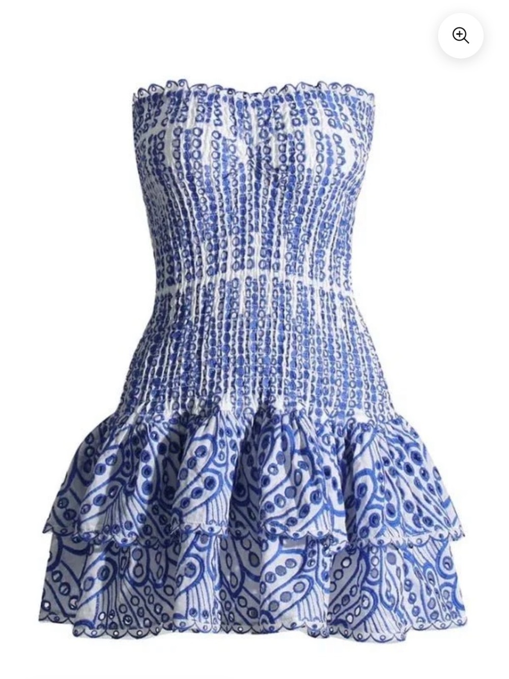 Strapless Blue & White Smocked Ruffle Mini Dress